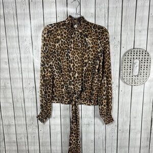 Express Leopard Print Smocked Mock Neck Tie-Front Top. Size XS